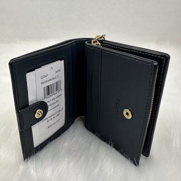 Coach Snap Wallet In Signature Canvas With Pink Cherry Print Gold/Denim Blue NWT - Picture 10 of 10